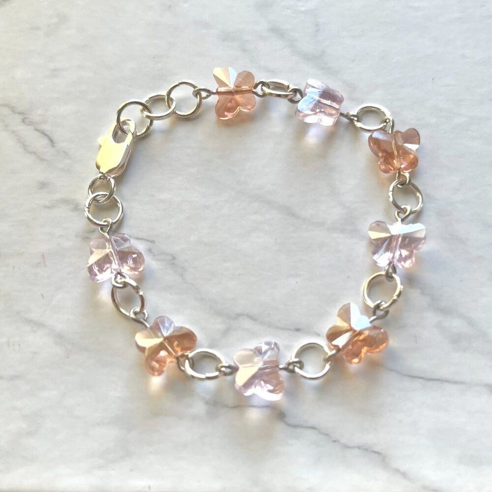 Rose Pink and Blush Glass Butterfly Charm Bracelet